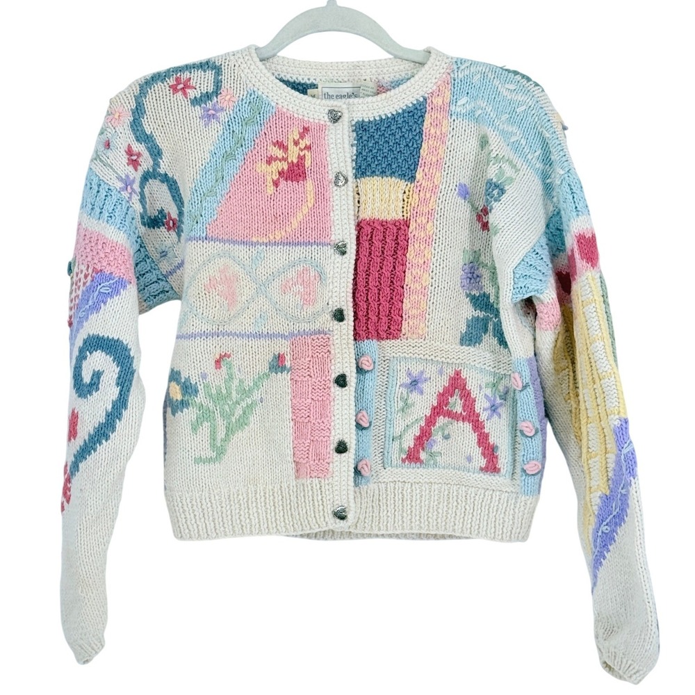 VTG Eagles Eye Womens Patchwork Novelty Handknit Cropped Cardigan Teacher Size M